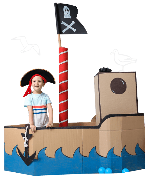 boy in cardboard ship with soaring cartoon seagulls refund policy